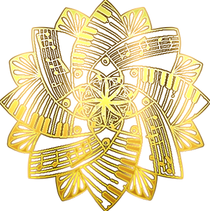 Goldenes Mandala mit Klaviertasten und Noten